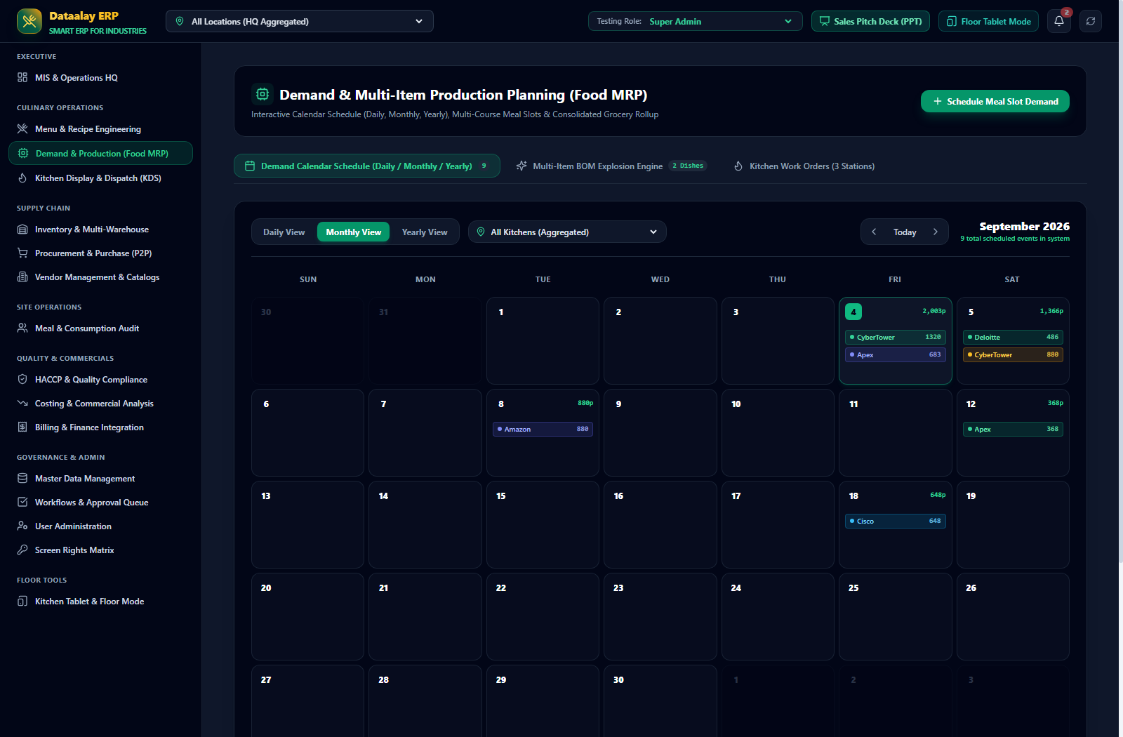 Dataalay ERP Interactive Demand Calendar Display