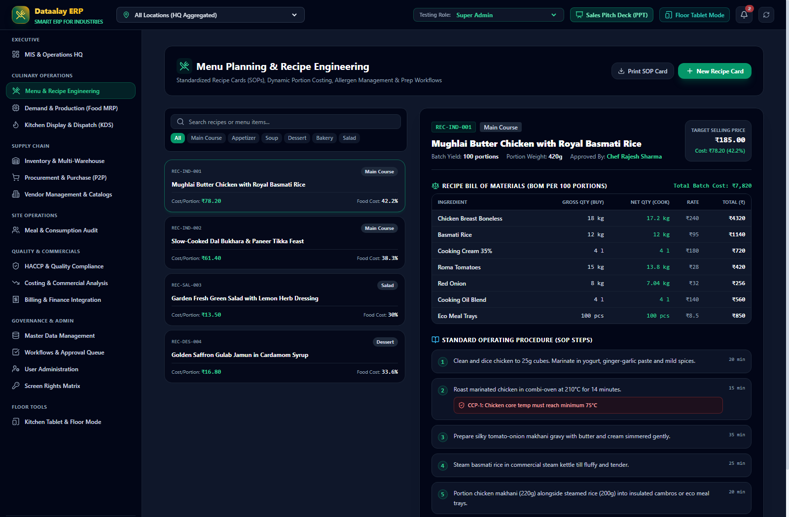 Dataalay ERP Standardized Recipe Engineering and SOP Cards